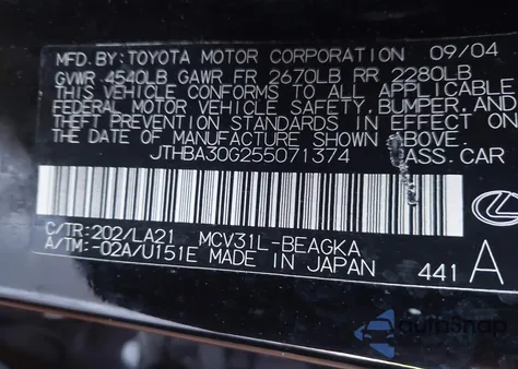 2005 Lexus Es from USA, damaged, VIN JTHBA30G255071374